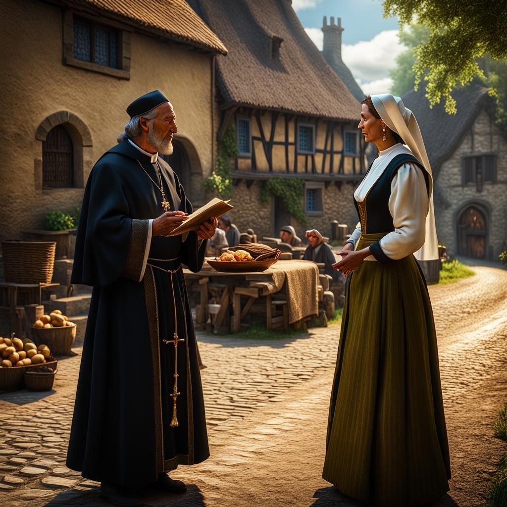 Tudor Priest and Peasant Woman in Village