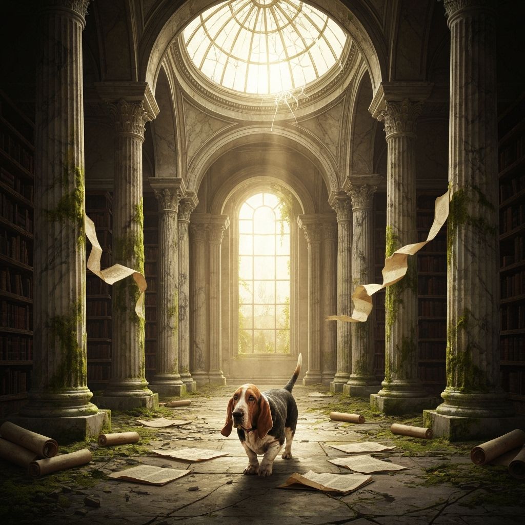 Basset Hound in Crumbling Ruins with Sunlight
