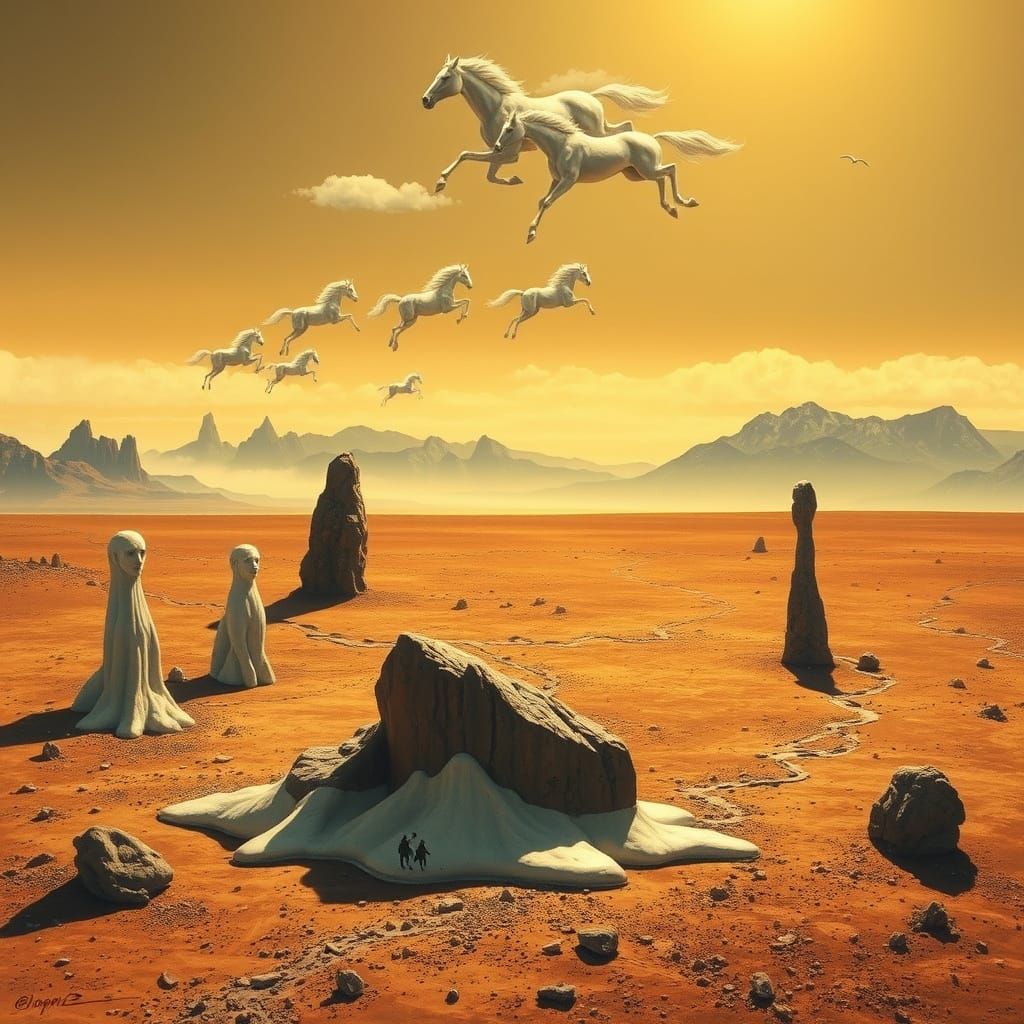 Surreal Landscape with Melting Sculptures and Galloping Hors...