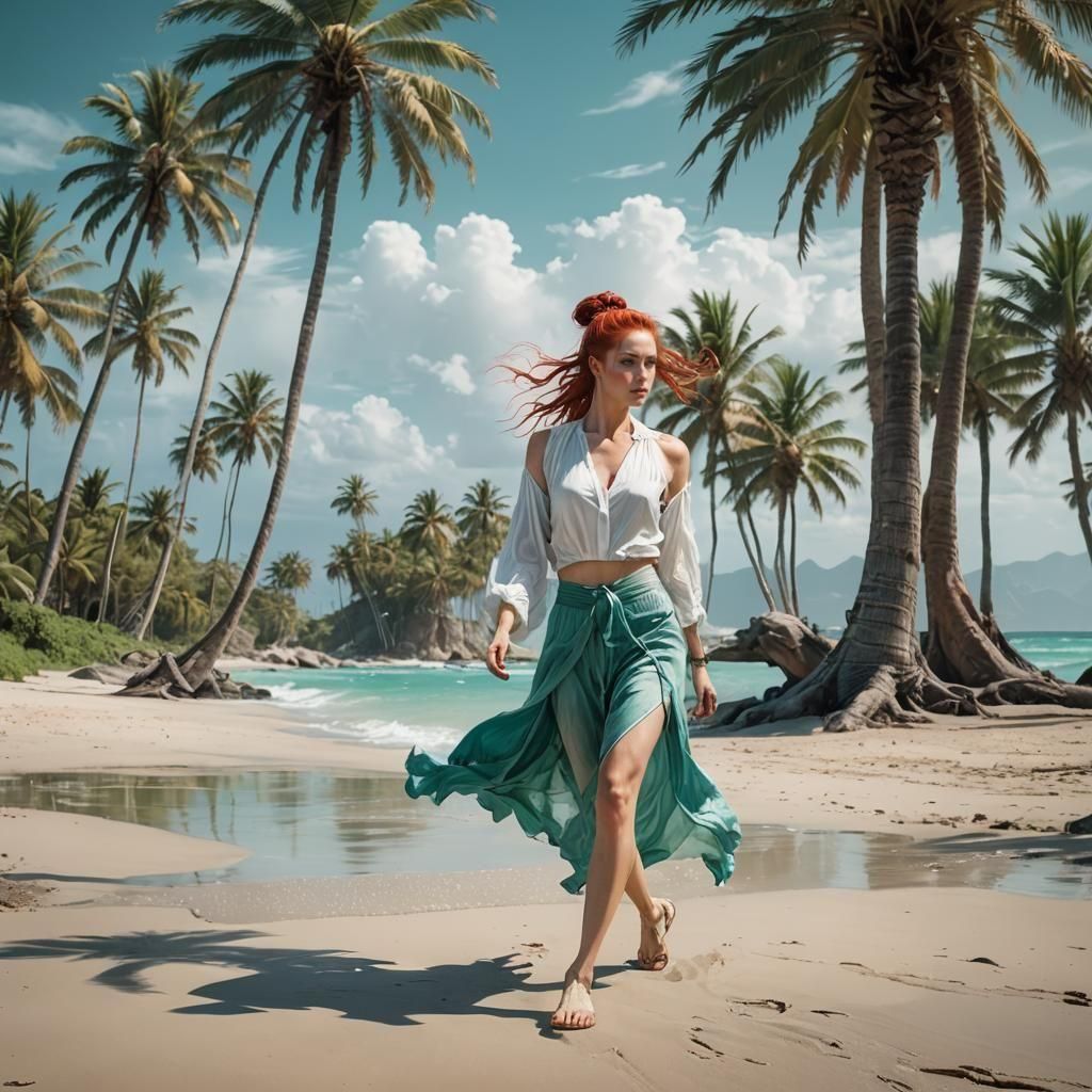 Woman on Beach in Romantic Illustration Style