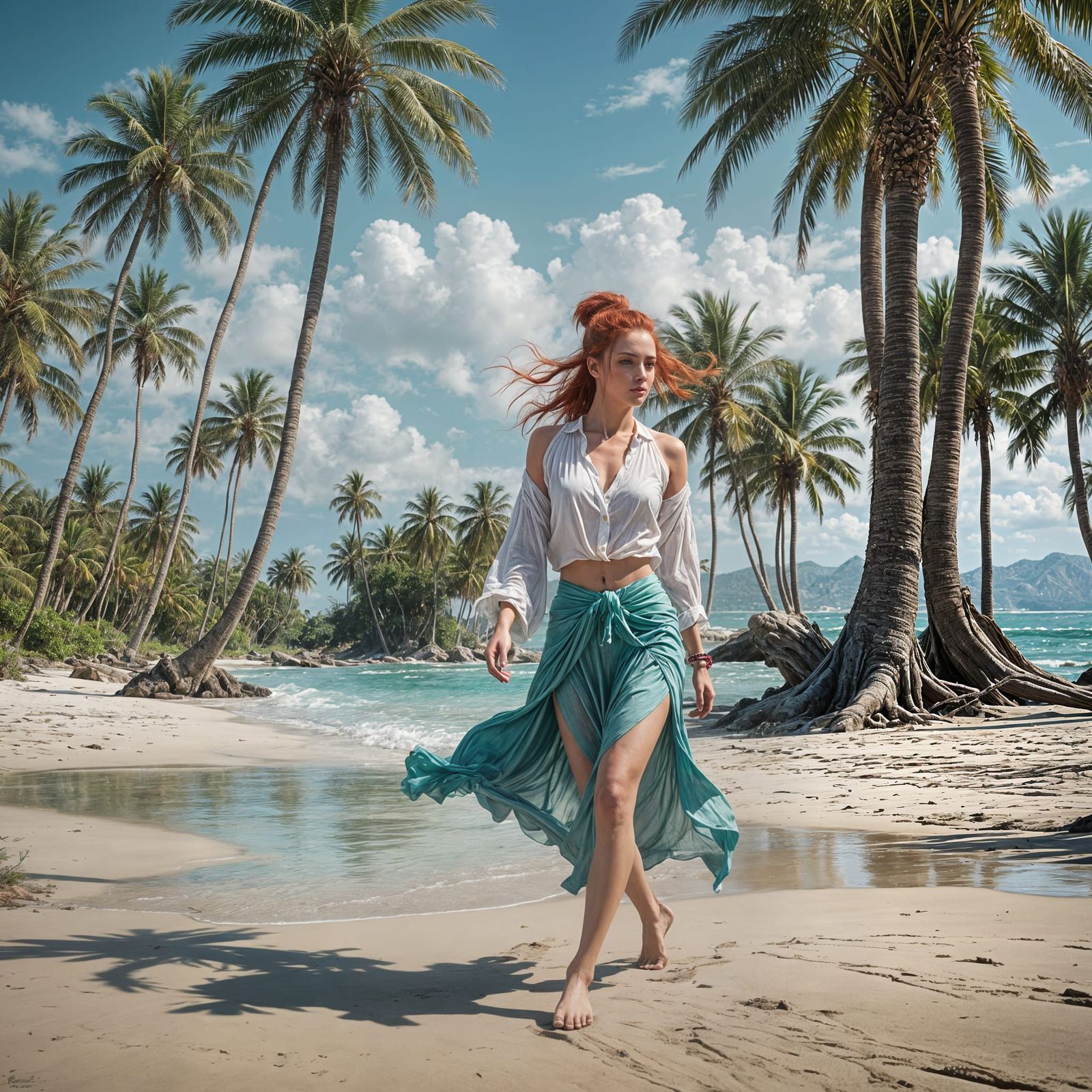 Woman on Beach in Romantic Illustration Style