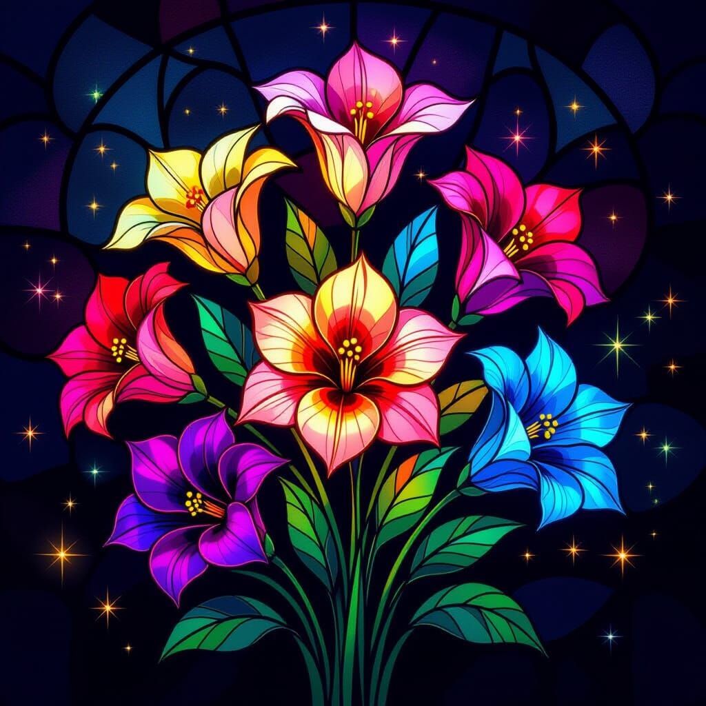 Bioluminescent Flowers in Luminous Stained Glass Style