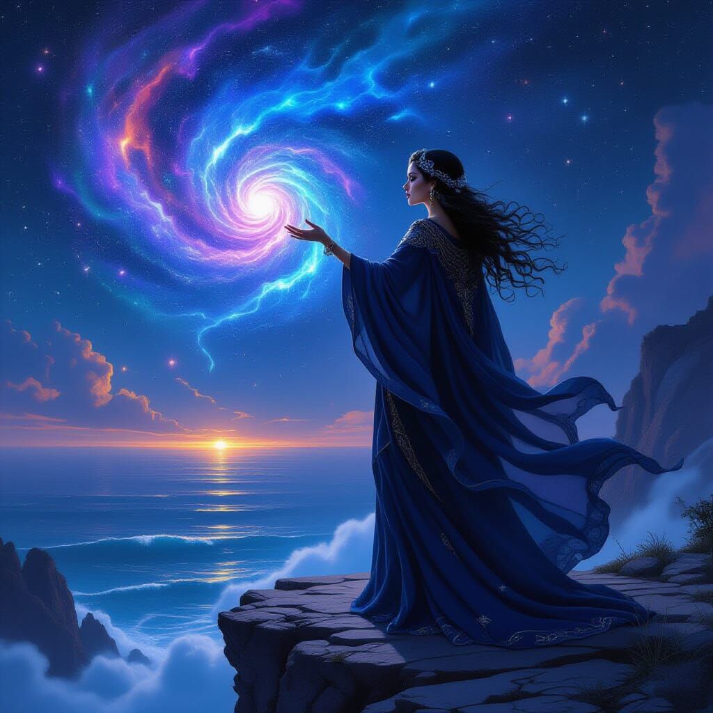 Cosmic Sorceress Shaping Nebulae Above Ocean