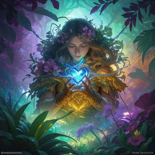 Crystal Heart Amidst Vibrant Garden in Fantasy Art