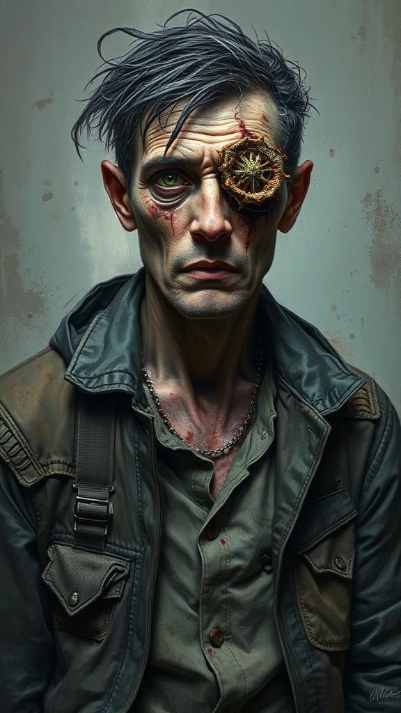 Sickly Cyberpunk Figure with Fungal Eye Infection