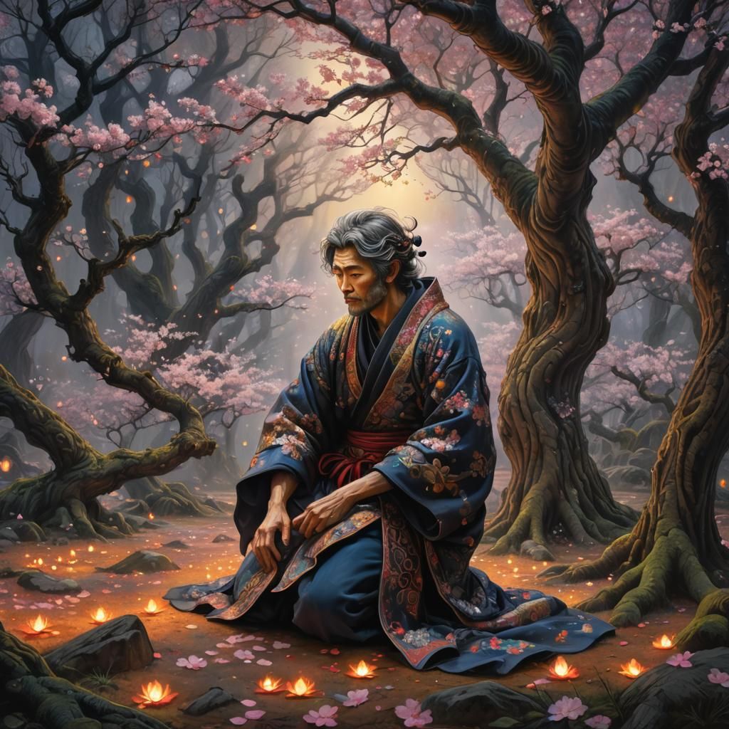 Sorrowful Man in Dark Cherry Blossom Forest