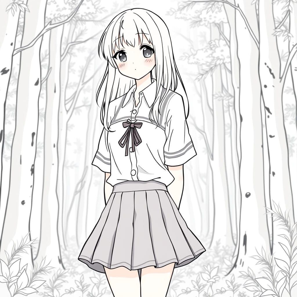 Cute Manga-Style Schoolgirl in a Serene Forest