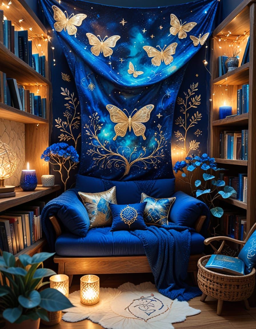 Sapphire Blue Cozy Reading Nook with Surreal Background