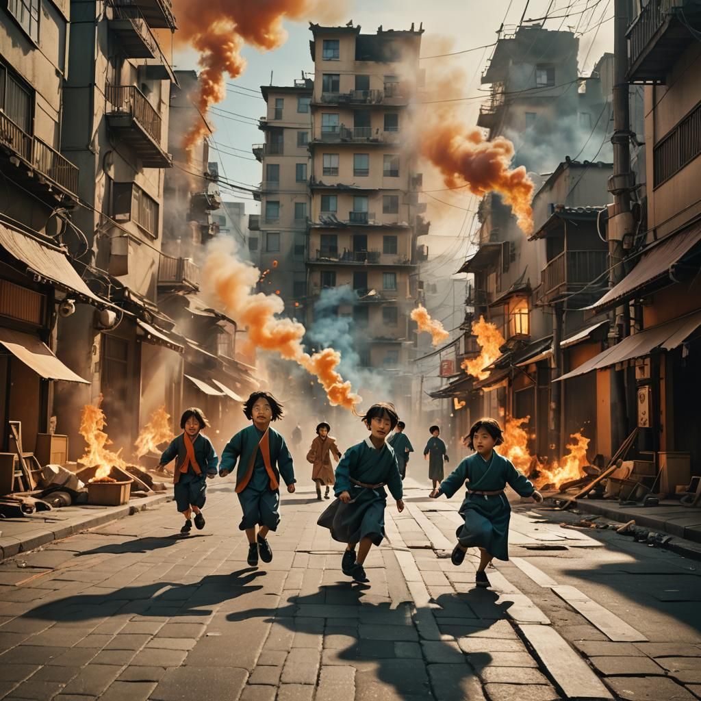 Children Playing in Burning City: Surreal Digital Art