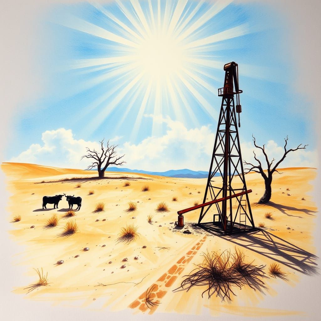 Desert Oil Rig: Abstract Charcoal Drawing