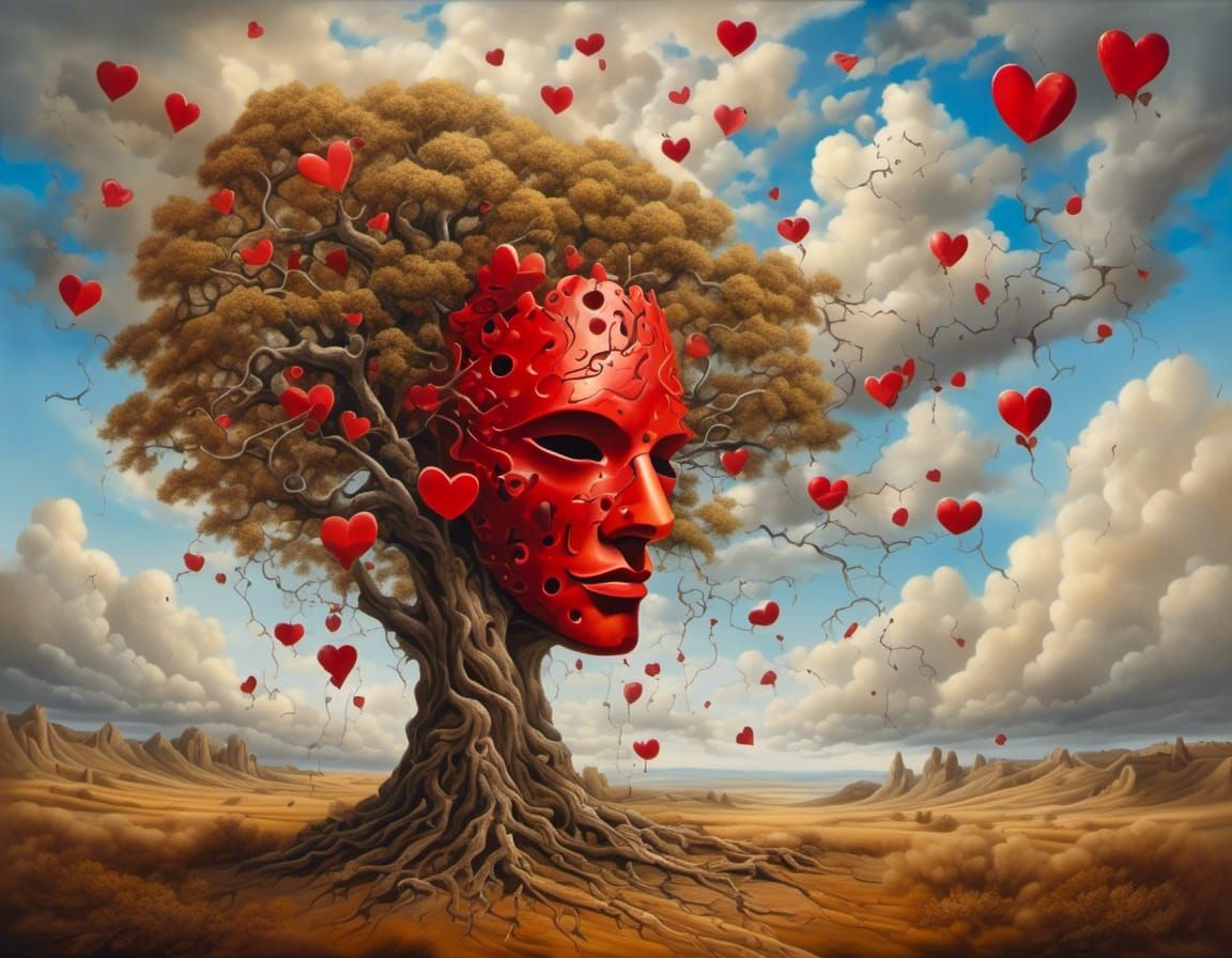 Mask Fused with Tree in Surreal Oil Painting