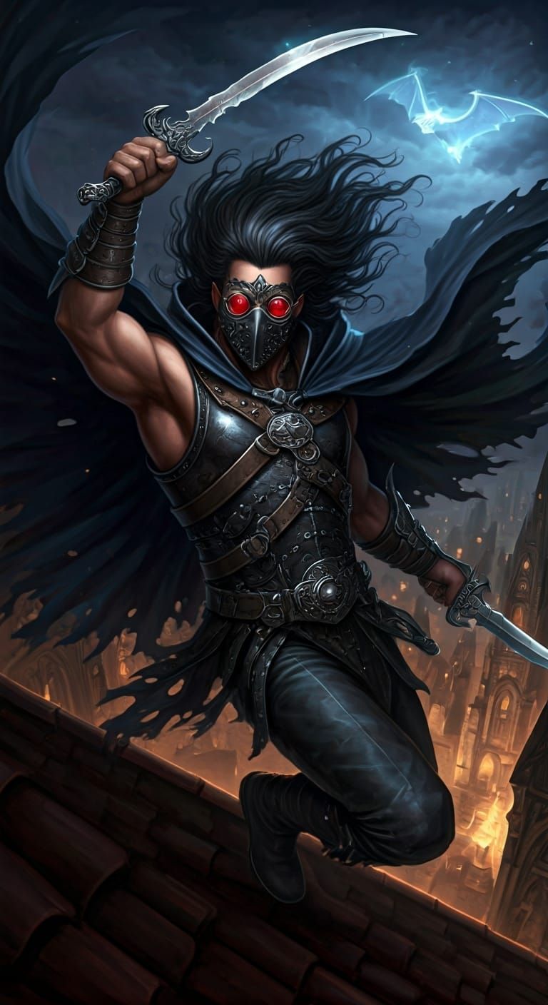 Dark Fantasy Warrior Falling from Roof in Medieval City