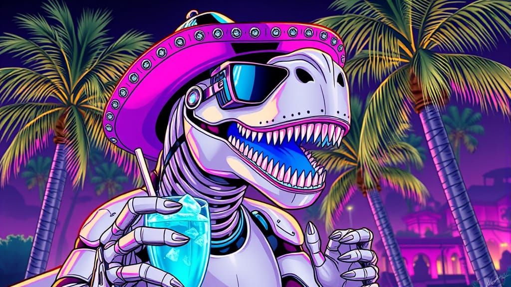 Robotic T-Rex Sipping Cocktail: Comic Book Art