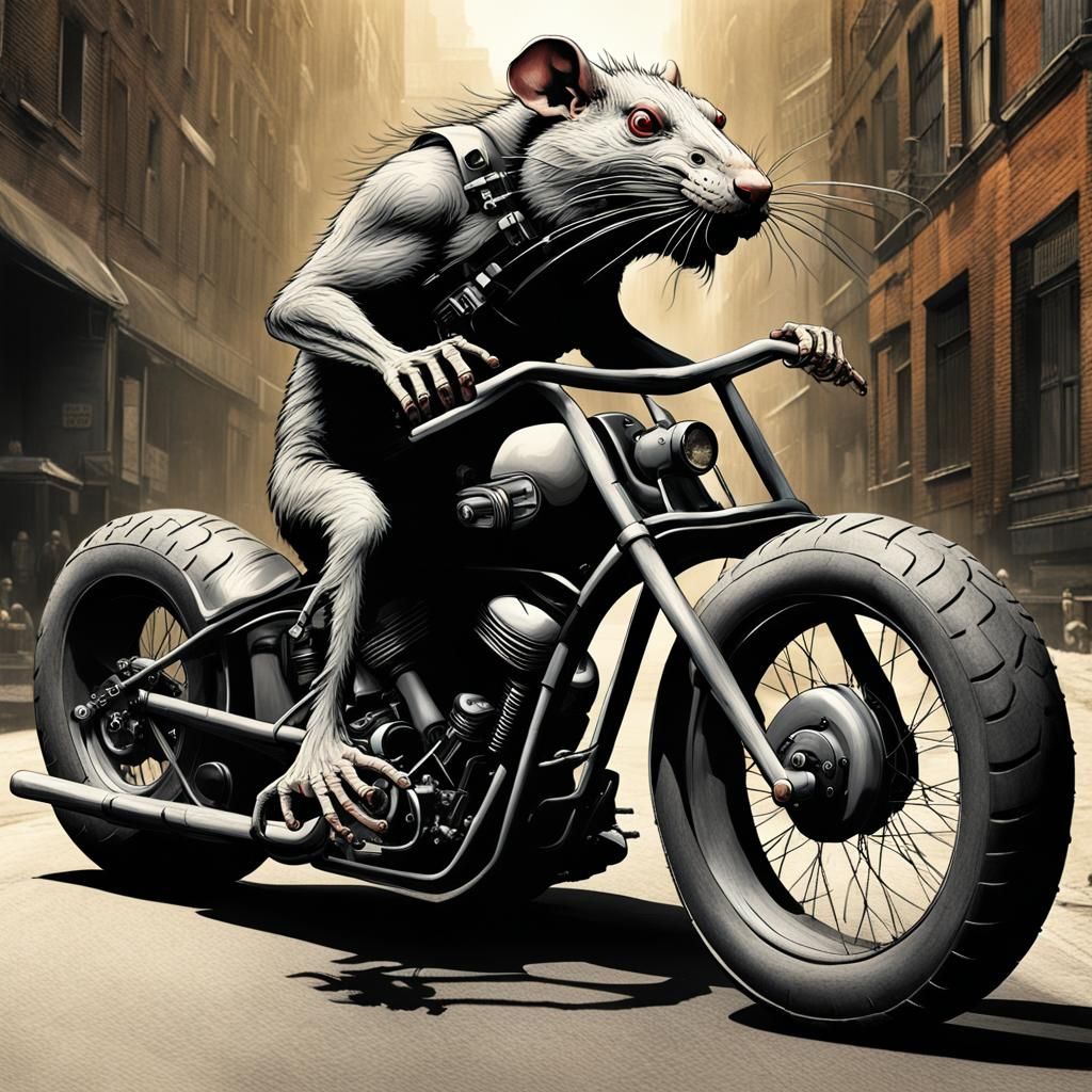 Grotesque Rat Rides a Custom Motorcycle
