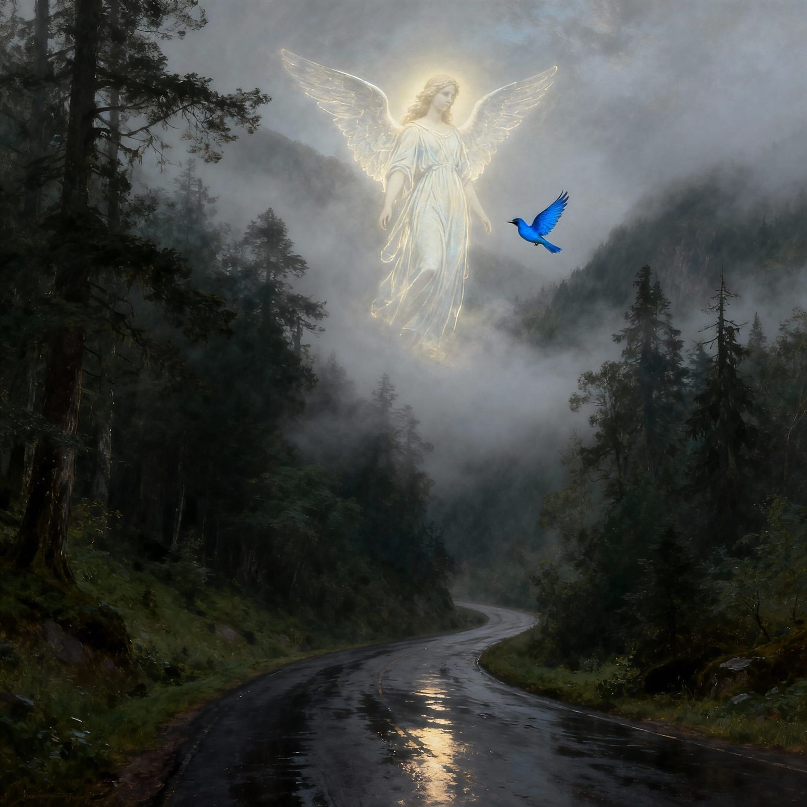 Angel Over Foggy Mountain Road