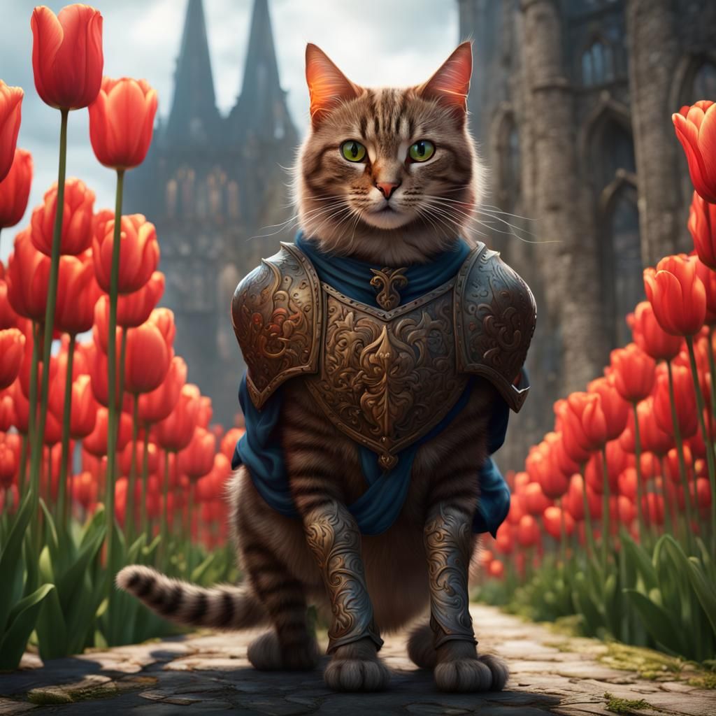 Medieval Cat Rides a Tulip: Detailed Fantasy Art