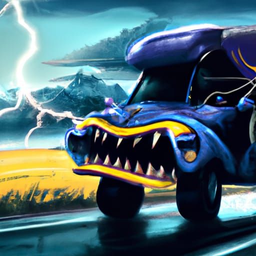 Giant Car Chomping Cars on Freeway, Detailed Matte Painting