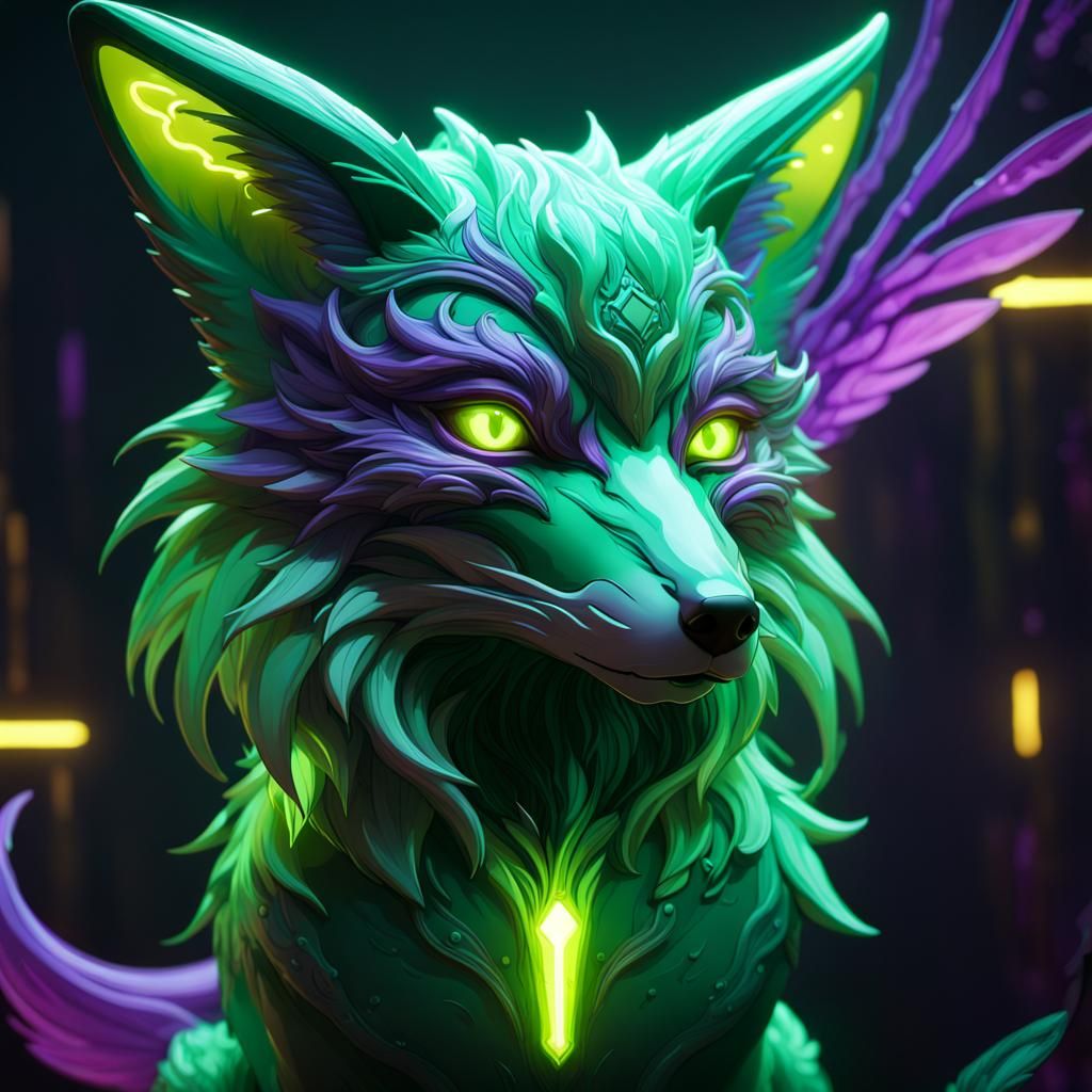 Neon Winged Green Fox in Dark Fantasy Style