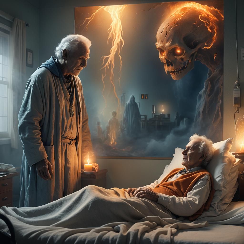 Comforting Ghost Visits Dying Man: Fantasy Art