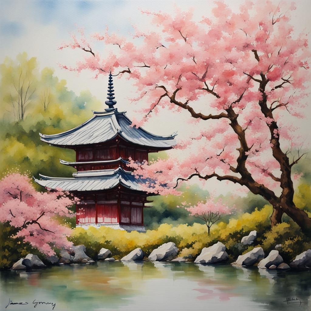 Japanese Watercolor Prints: Pagoda, Sakura, Spring