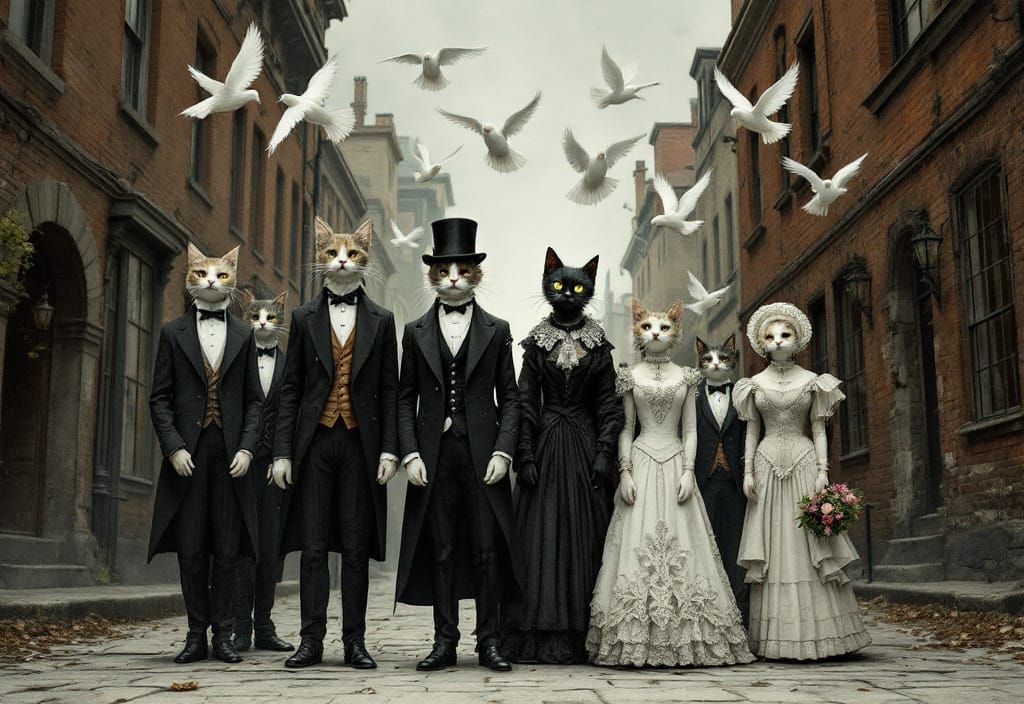 Victorian Cats in Gritty Cityscape, Edward Gorey Style