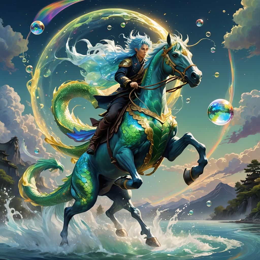 Magical Blue Anime Dragon Horse Digital Painting
