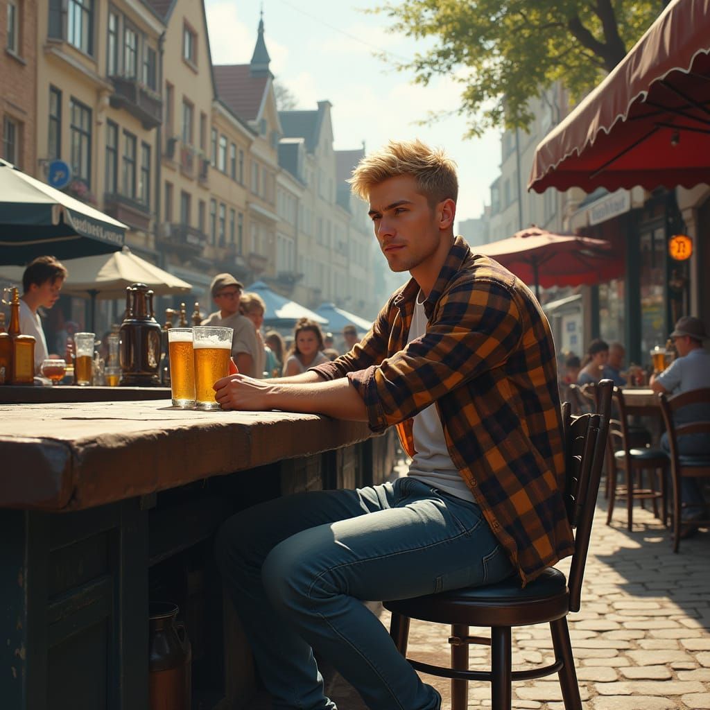 Man at Outdoor Bar in Photorealistic Style