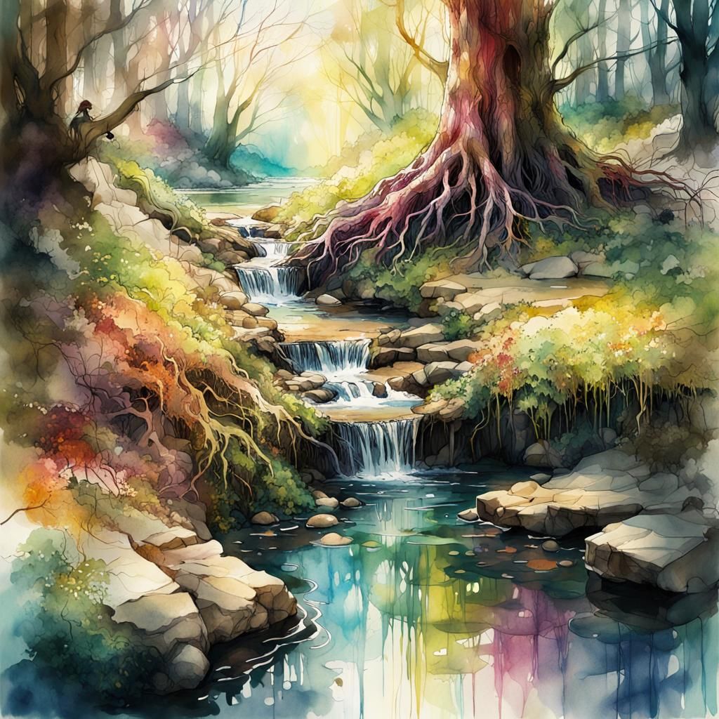 Watercolor Roots Illuminated by Spring Sunlight