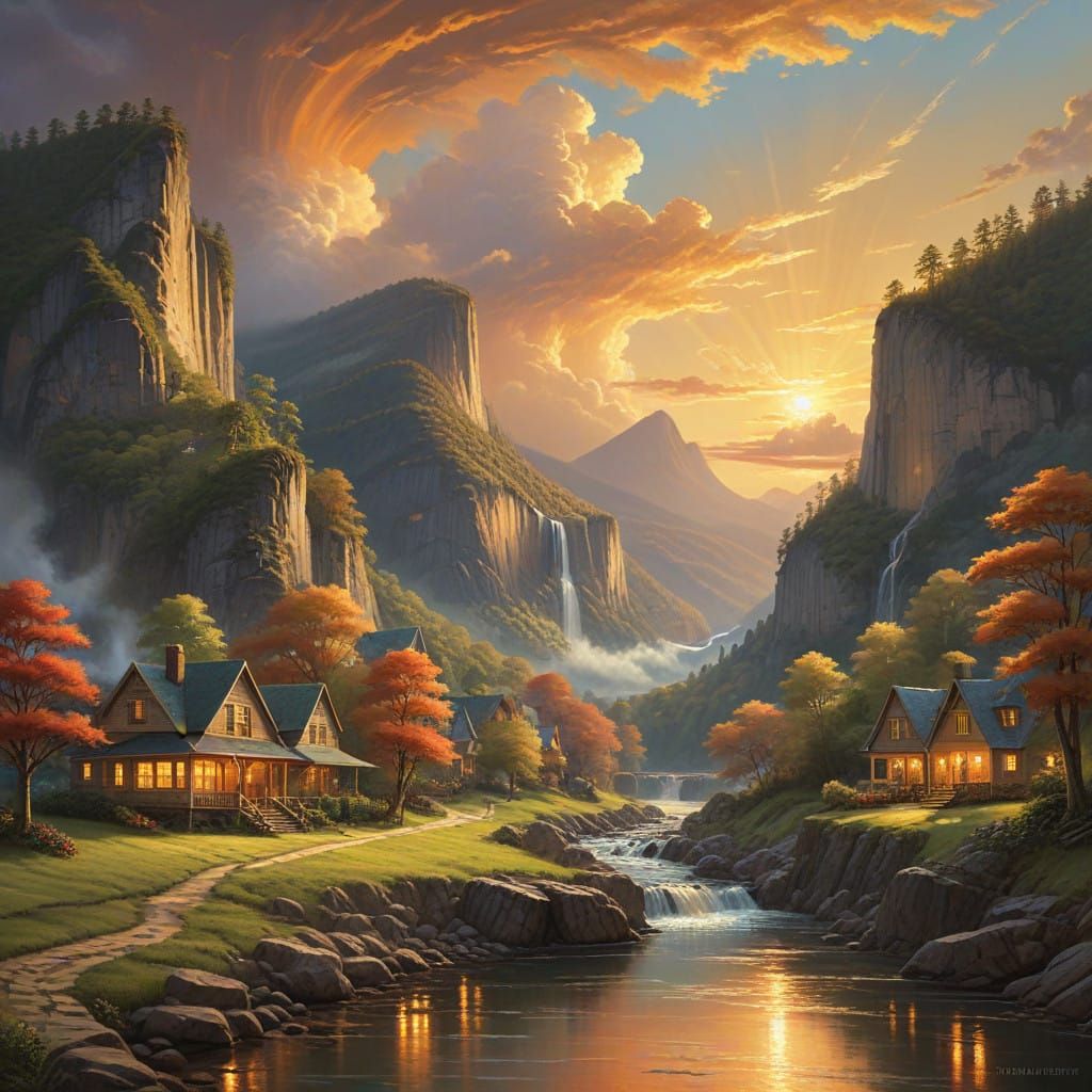 Surreal Sunset Village Amidst Majestic Landscapes