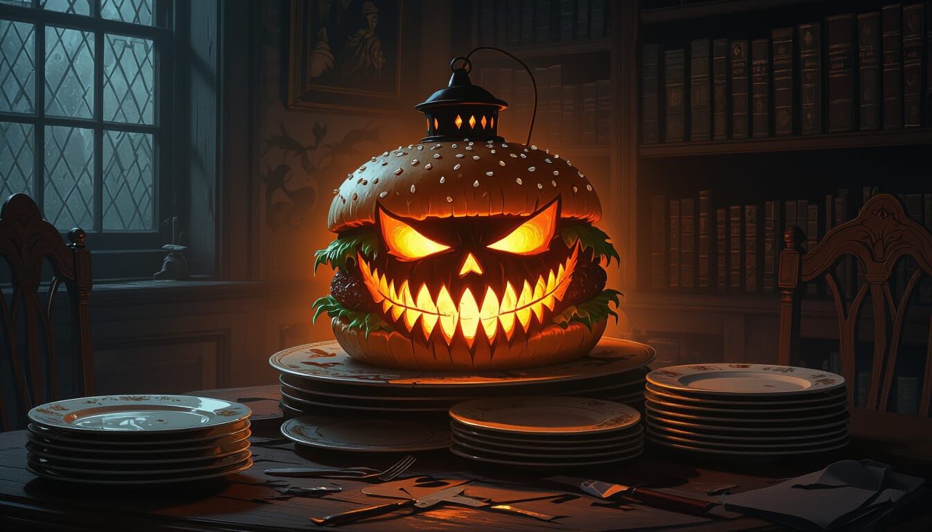 Sinister Hamburger Lantern in Gothic Horror Style