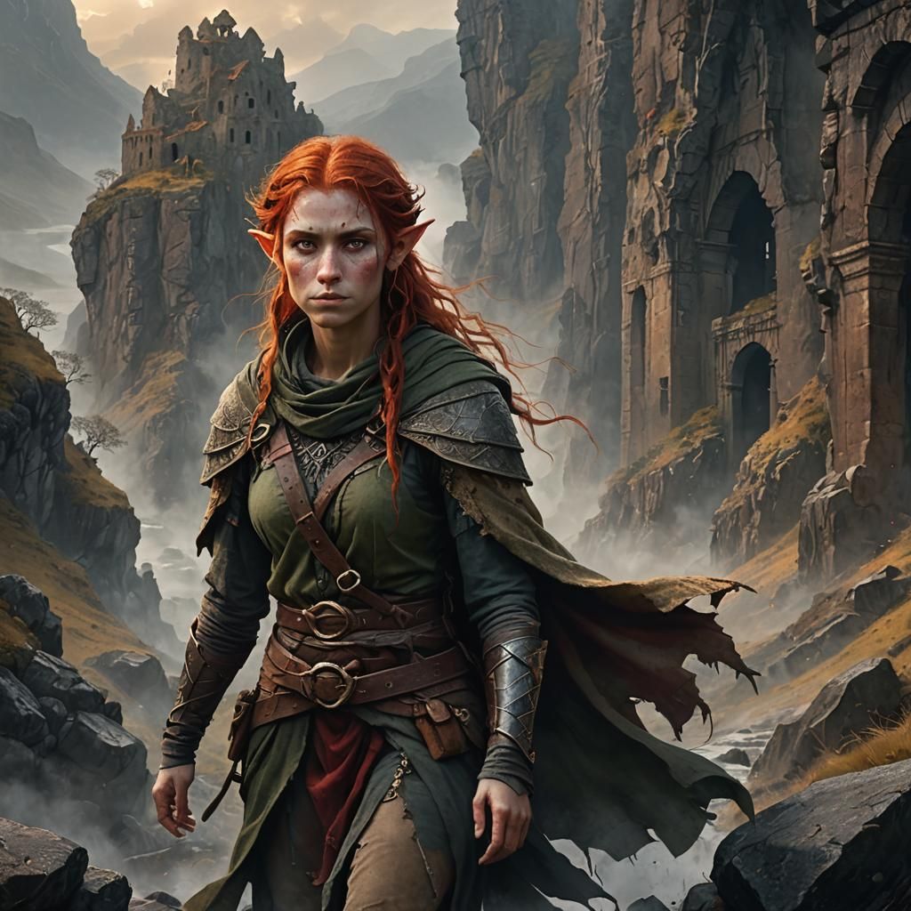 Elf Peasant in Misty Mountain Pass, Dark Fantasy Illustratio...