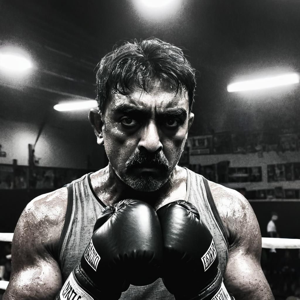 Rugged Boxer in Dimly Lit Gym: Sports Photography