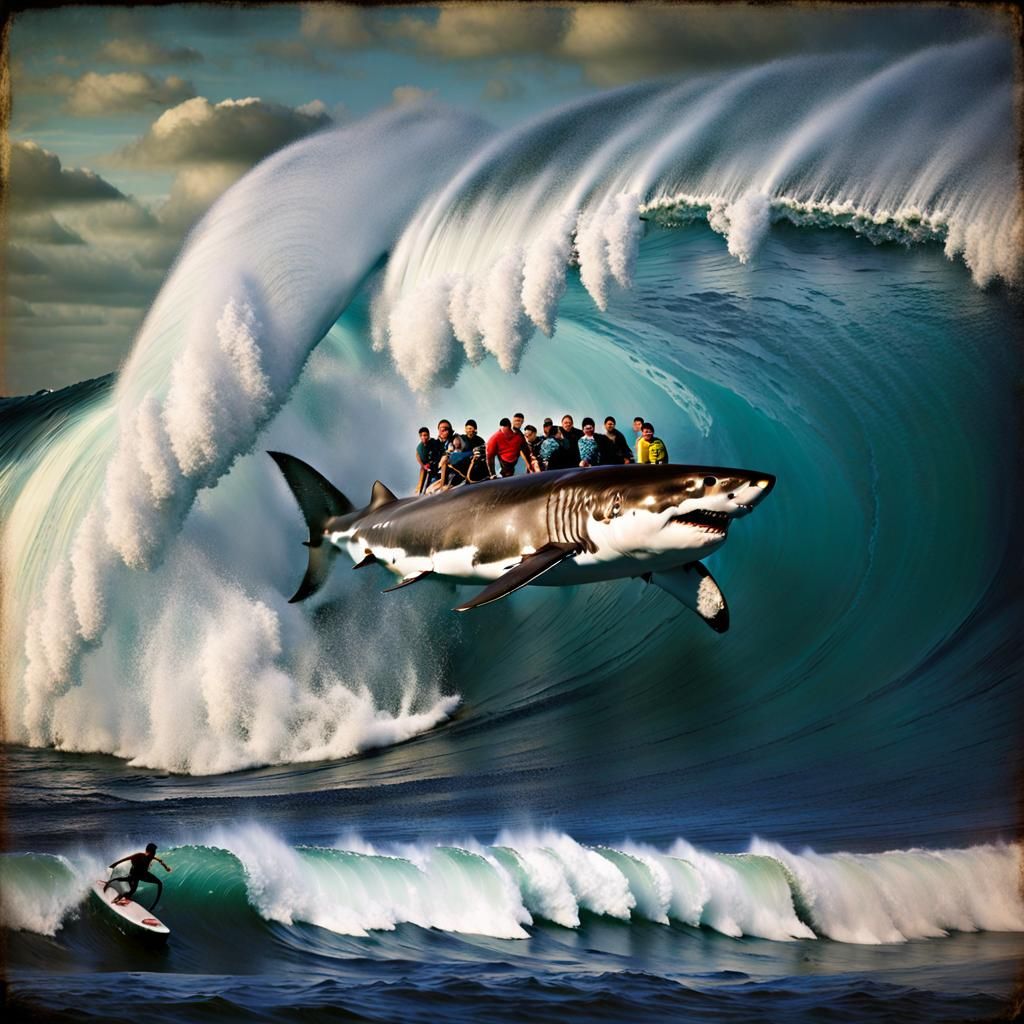 Great White Shark Surfing Giant Wave in Photo