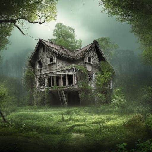 Mysterious Ruined House in Forest Clearing