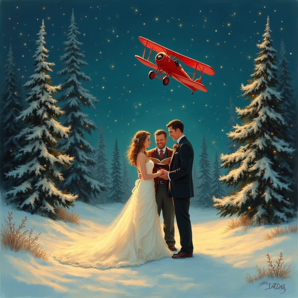 Romantic Snowy Night Wedding with Red Biplane