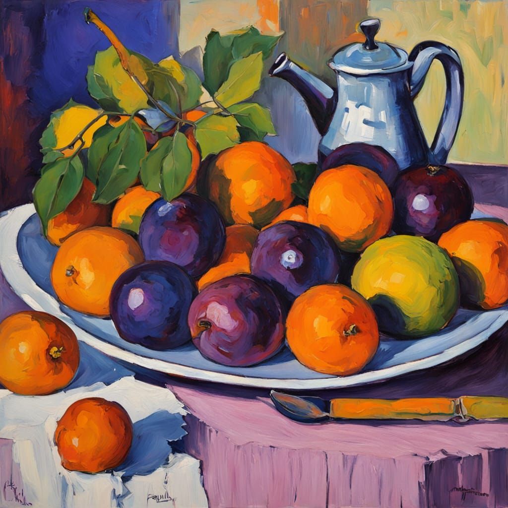 Vibrant Fauvist Still Life with Oranges and Plums
