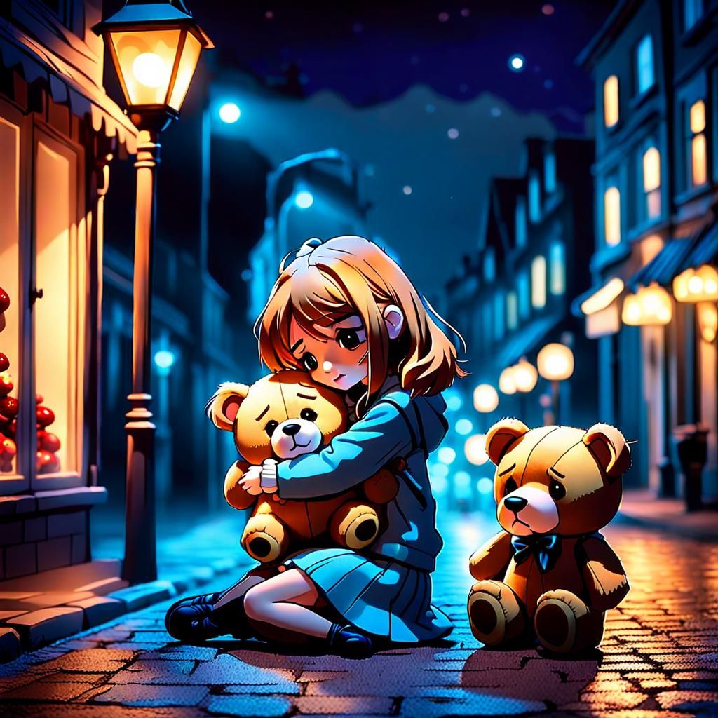 A  young woman embracing a large chibi claymation teddy bear on a dimly lit street at night under the glow of a street l...