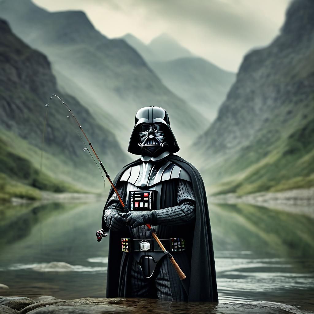 Darth Vader Fly Fishing Portrait in Natural Landscape