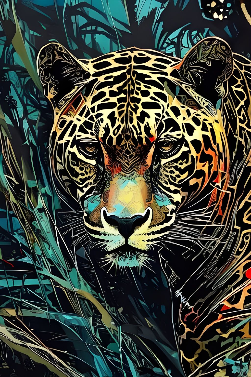 Intricate Black Jaguar Portrait with Shiny Aura