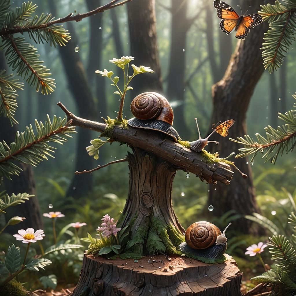 Detailed Snail on Stump in Cinematic Lighting