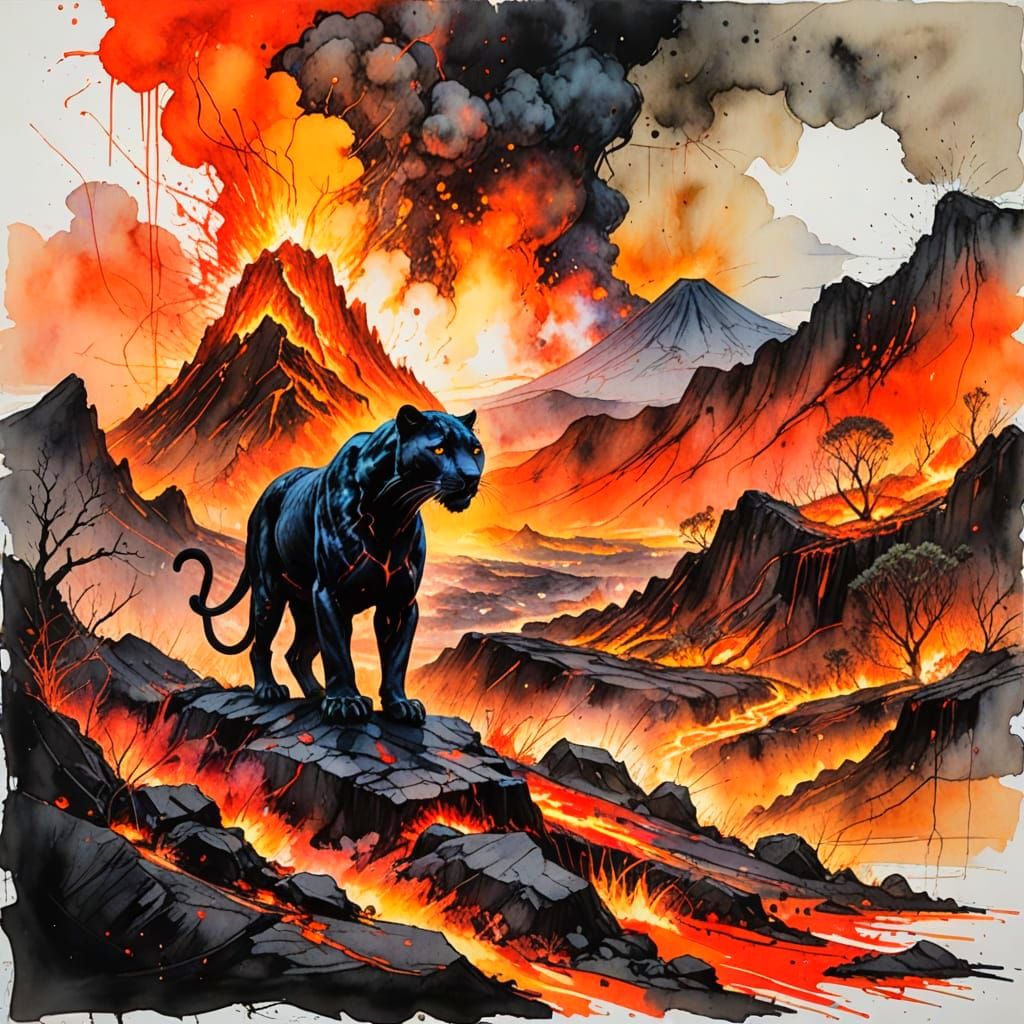 Surreal Volcanic Night Scene with Molten Lava and Silhouette...