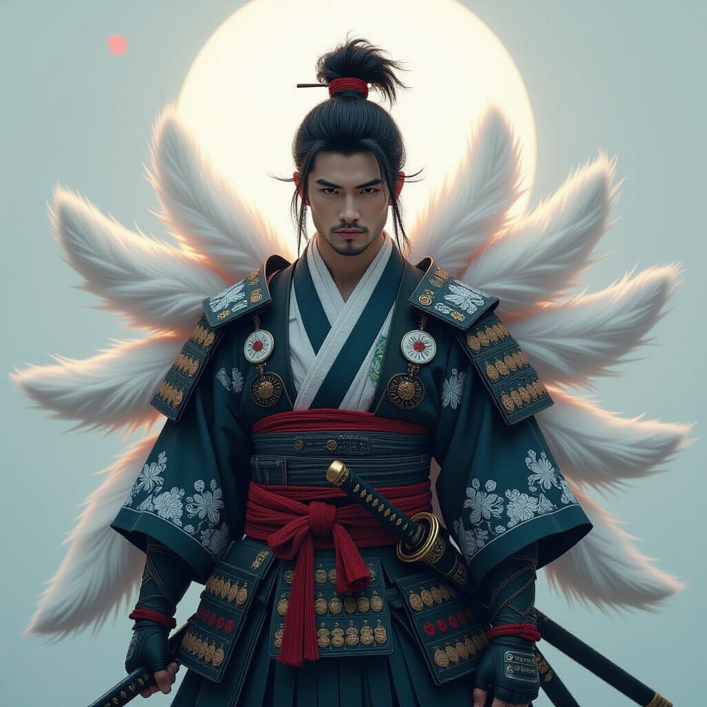 Nine-Tailed Kitsune Samurai in Ethereal Fantasy Style