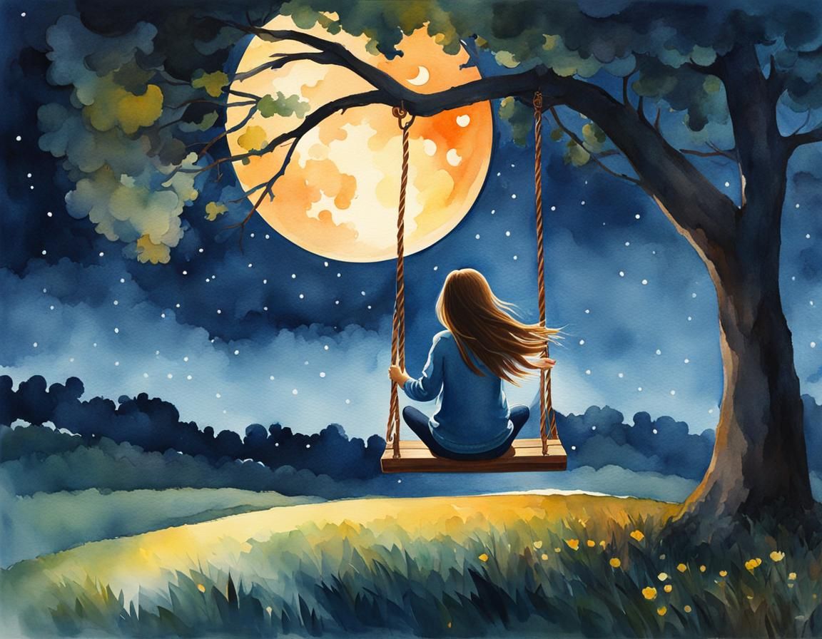 Girl on Swing at Night: Impressionist Watercolor Cartoon