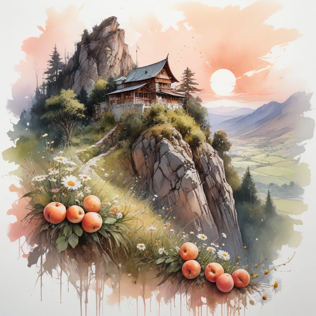 Highland Monastery in Watercolor Style