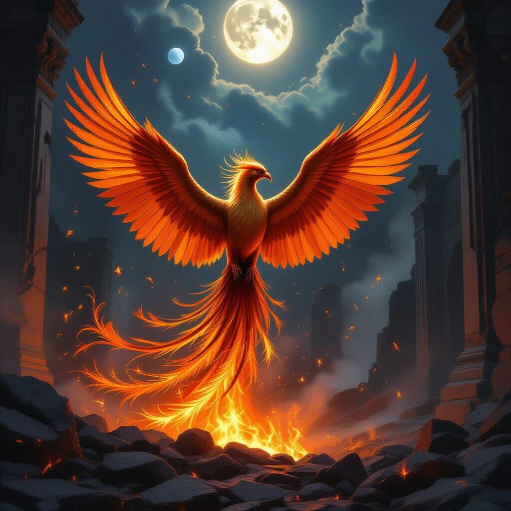 Majestic Phoenix Rises from Ashes in Ancient Temple