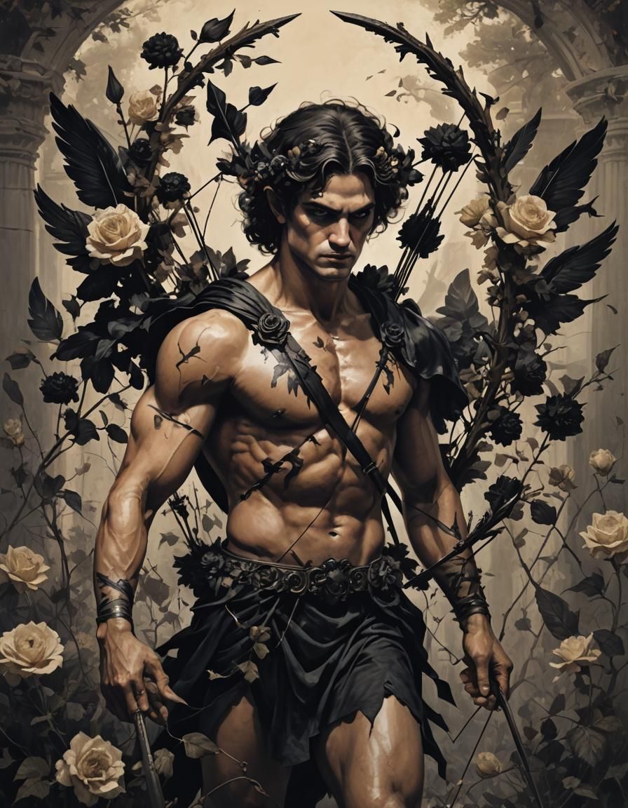 Dark Gothic Cupid with Bow and Black Arrows