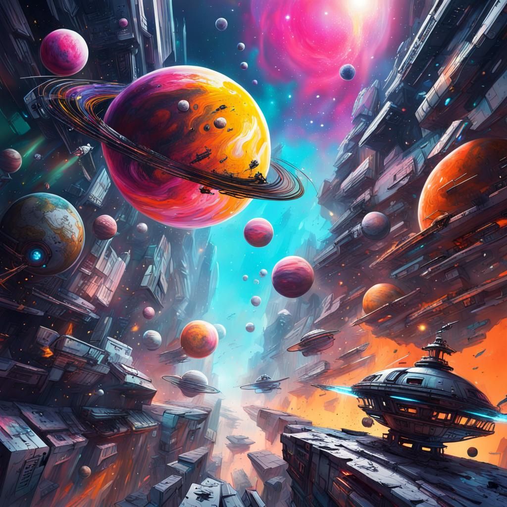 Futuristic Space Fleet in Cyberpunk Graffiti Art