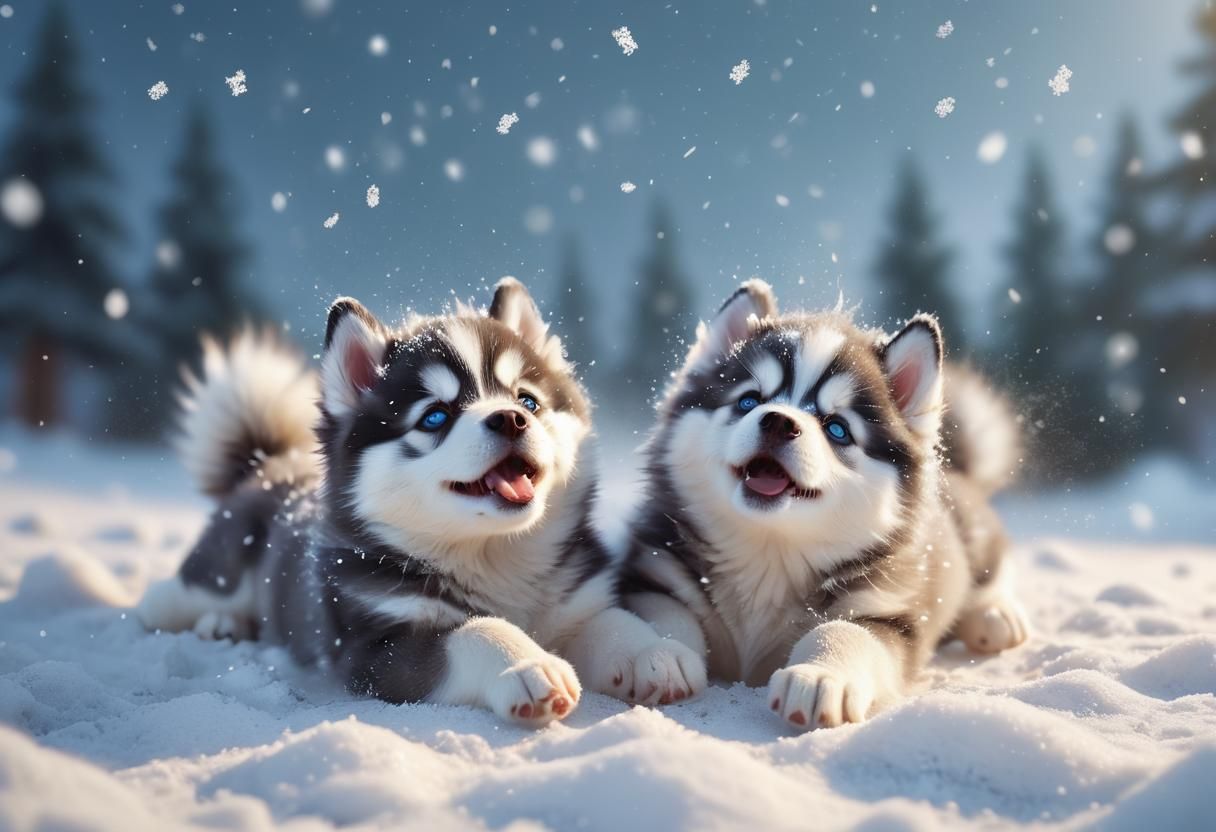 Adorable Husky Puppies Playing in Snowy Digital Art