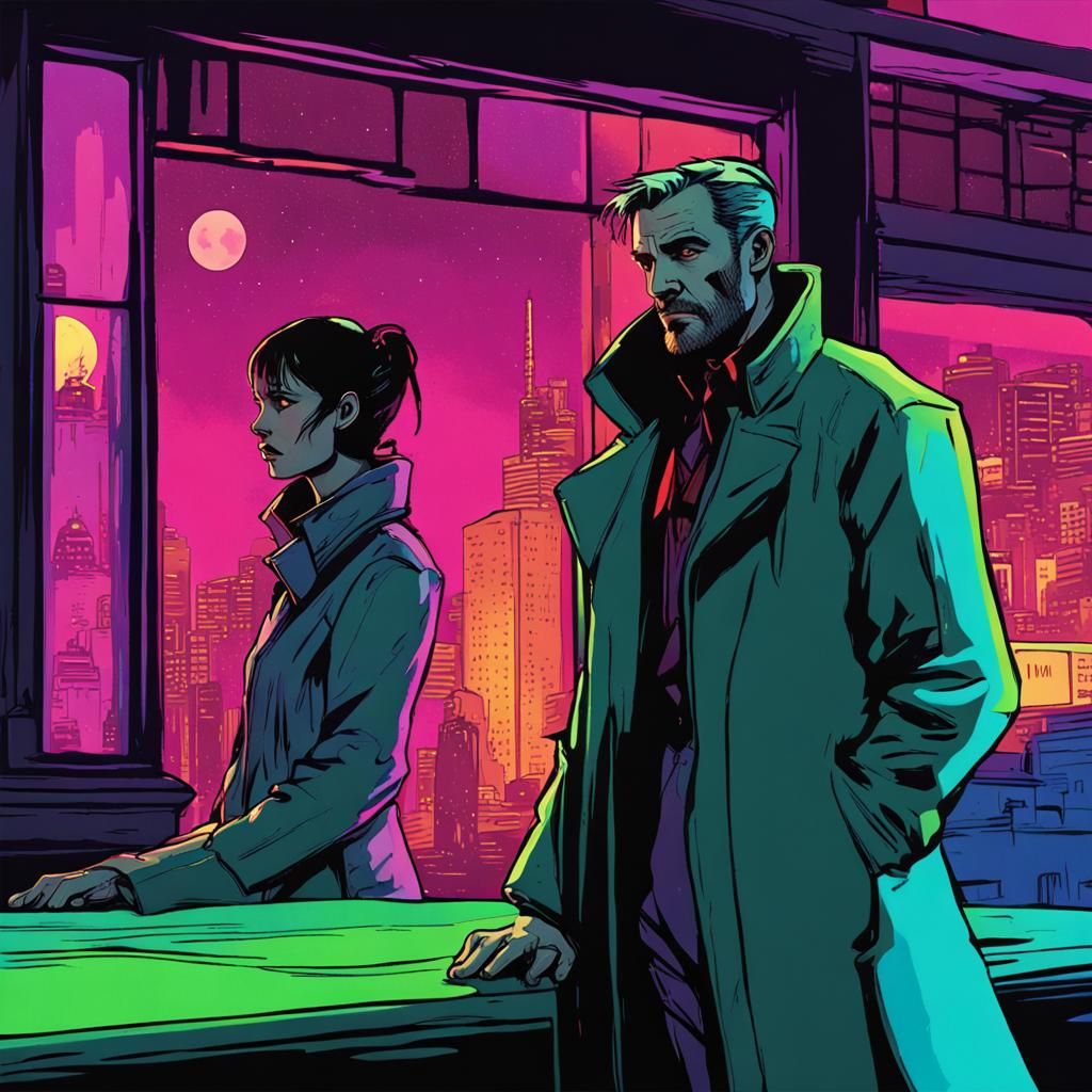 Neon Night: Mysterious Figures in Cyberpunk City