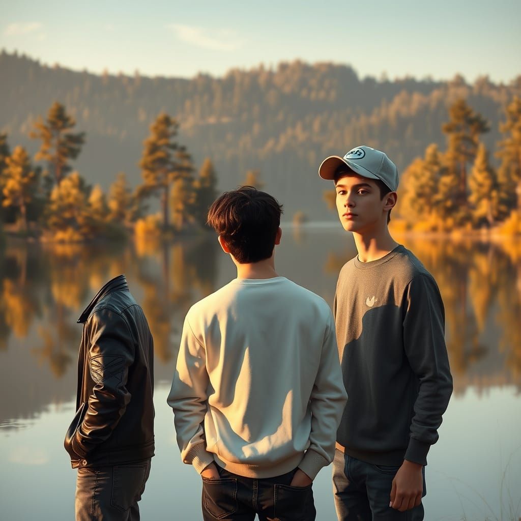 Serene Lake Scene with Teenage Boys in Golden Light